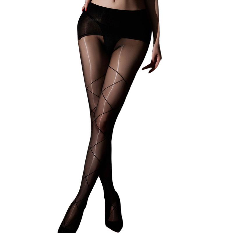 Sexy Open Crotch Oil Shiny Pantyhose Women Thin Sheer Tights With Line Smooth Glossy Stockings