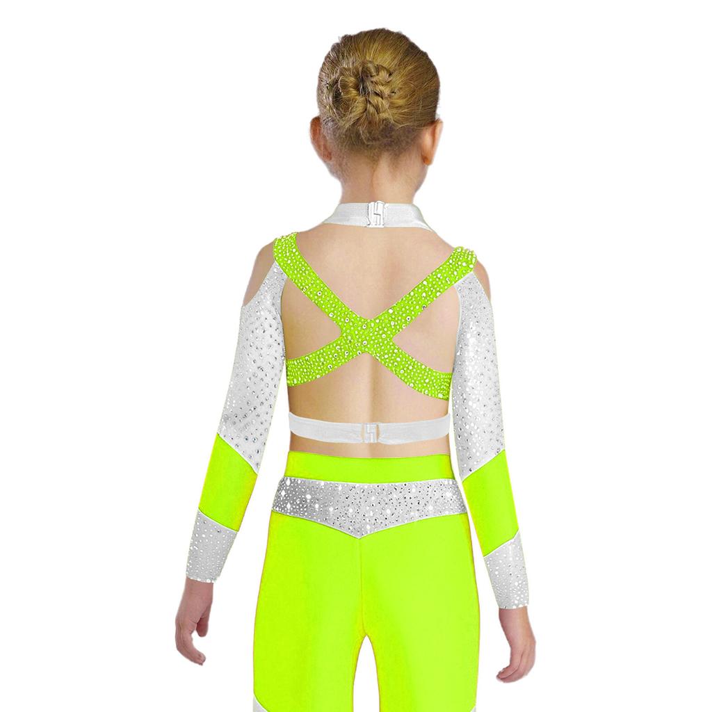 Girls Long Sleeve Rhinestone Color Block Crop Top Cross Back Cutout Gymnastics Top