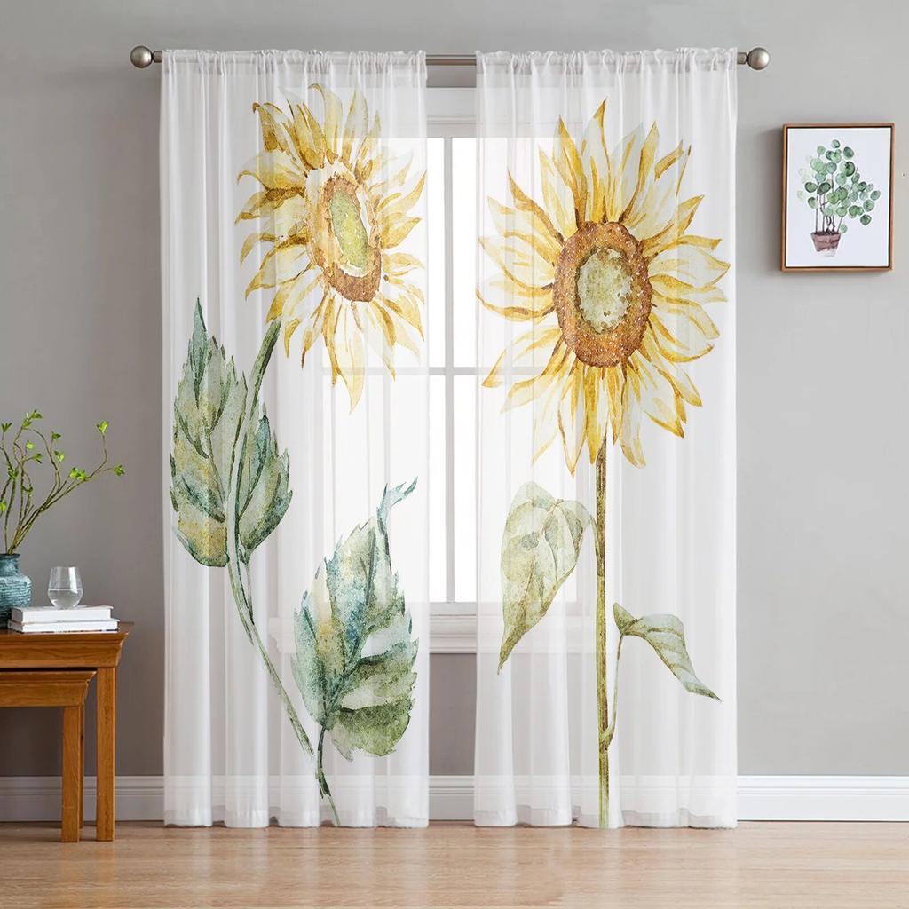 Sunflower Watercolor White Sheer Curtain for Bedroom Tulle Voile Curtain for Kitchen Living Room Decor Window Treatment