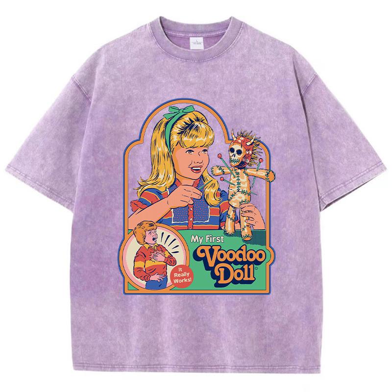 Футболка с принтом куклы вуду для женщин, летняя дышащая футболка с эффектом стирки, уличная мода, футболки, повседневная спортивная крутая футболка