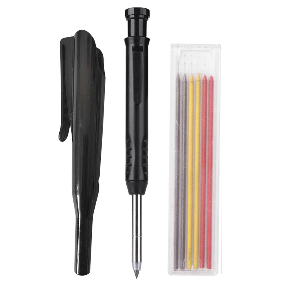 Solid Carpenter Pencil Set with 6 Refill Lead Deep Hole Marking Pencil Built-in Sharpener Ergonomic for Woodworking Architect
