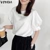 Women Summer Round Neck Puff Short Sleeve Blouses
