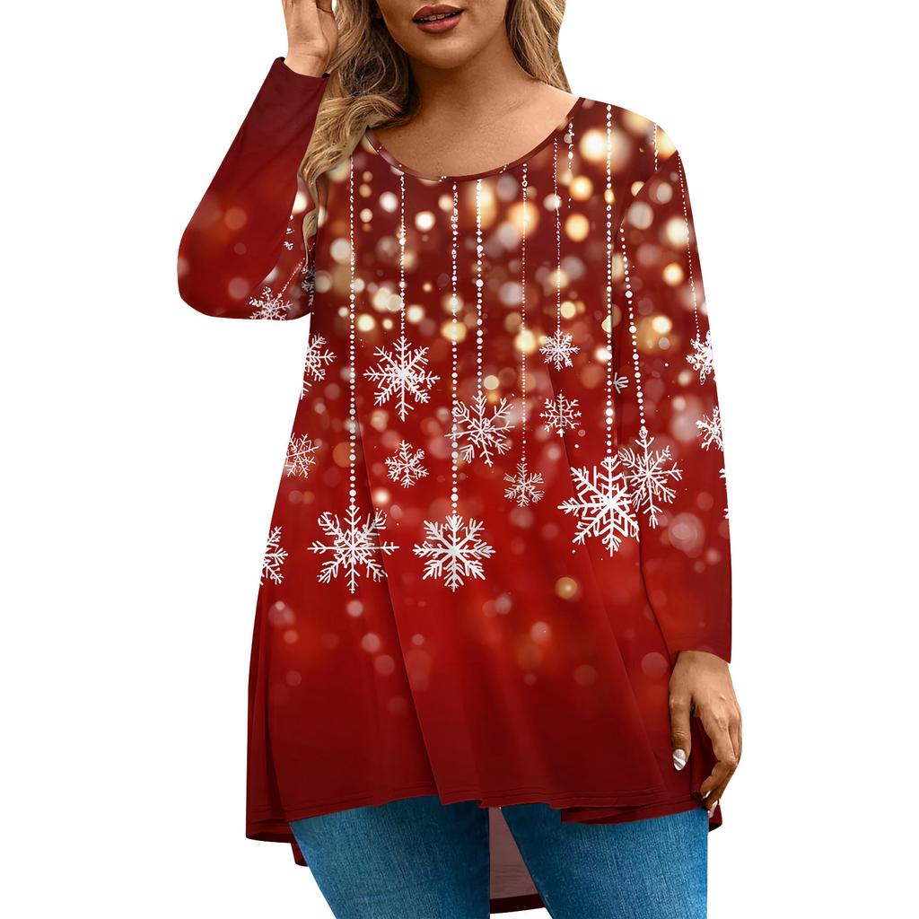 Women's Fashion Large Size Round Neck Long Sleeve Casual Christmas Print Loose Pullover Top