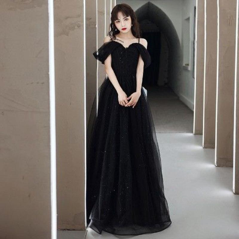 Banquet evening dress women's 1011 summer new student bar mitzvah host long one-word shoulder suspender dress skirt