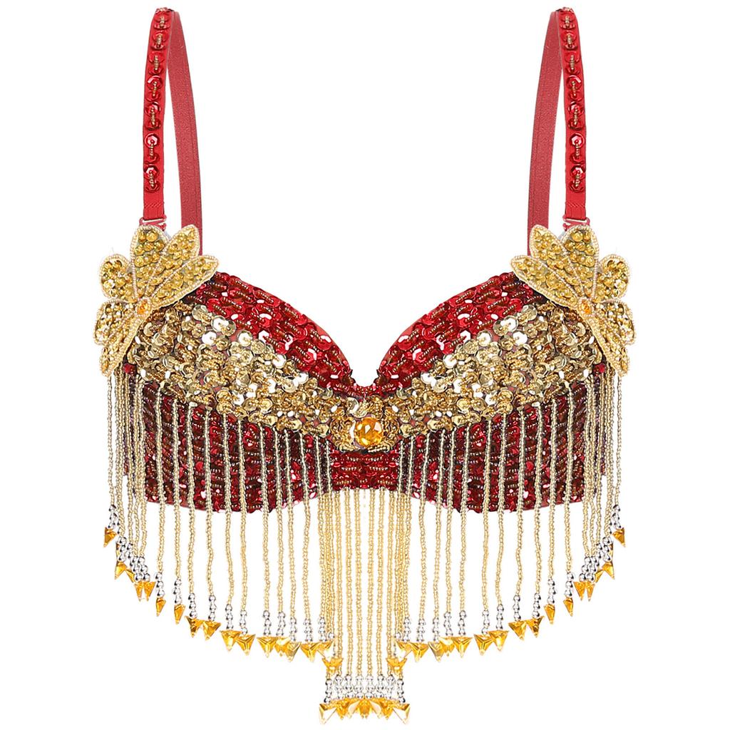 Womens Sparkly Sequins Belly Dance Top Adjustable Straps Plastic Beaded Tassels Underwired Bra