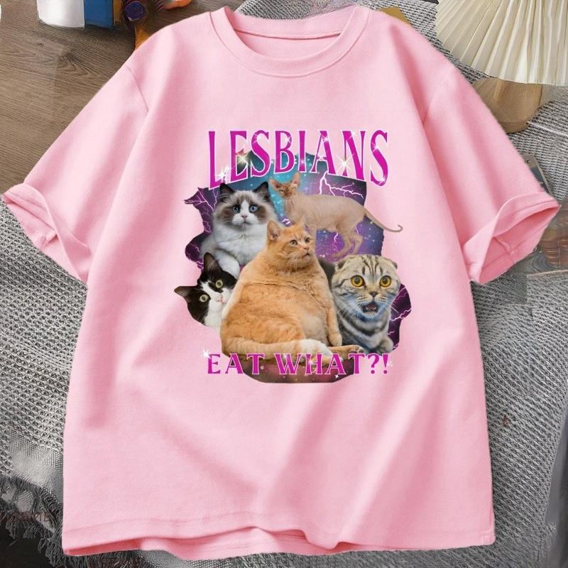 Lesbian Pride TShirt Gay LGBTQ T Shirt Funny Cat Lesbians Eat What Tshirt Casaul Cotton Short Sleeve Round Neck Tees Clothing