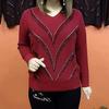 Spring 2023 Plus Size Round Neck Long Sleeve Knitted Hotfix Top for Middle-Aged Women
