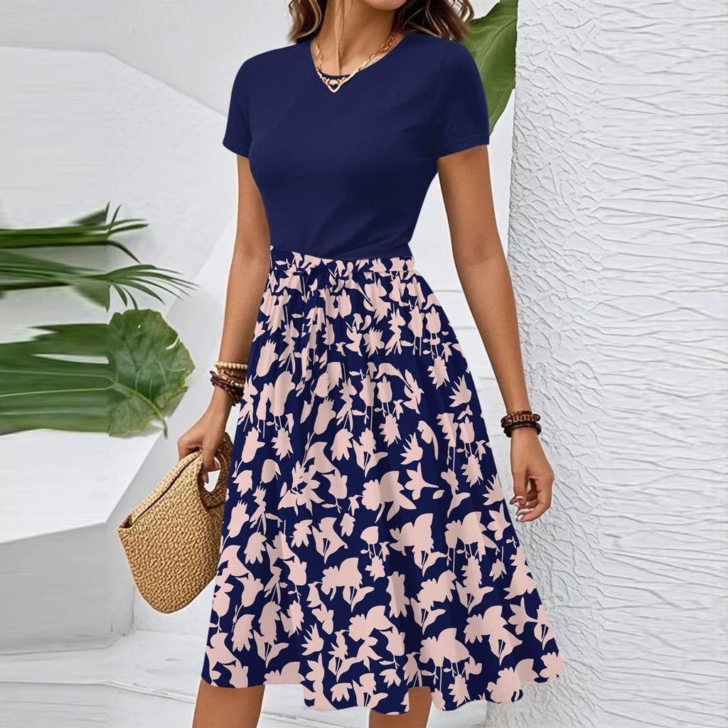 Women's Casual Fashion Belted Floral Print Short Sleeve Round Neck Elegant Dress