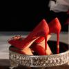 Туфли на шпильке с аппликацией из атласа красного цвета на высоком каблуке, праздничное свадебное платье, свадебные туфли, туфли для подружек невесты