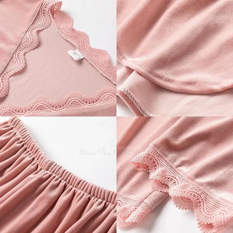 Бархатная пижама женская осенне-зимняя одежда для сна с длинным рукавом повседневная ночная рубашка пижамный костюм свободная домашняя одежда кружевная отделка комплект для сна