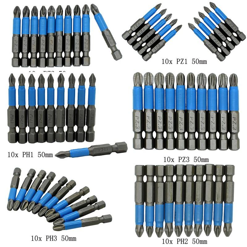 Магнитные биты для отвертки с одной головкой PH1/PH2/PH3/PZ1/PZ2/PZ3 из легированной стали 10 шт.