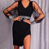 Lady Petticoats Plus Size Midi Dress V-Neck See Through Sleeve Belt Stitching Solid Color Sequined Party Dress for Club
