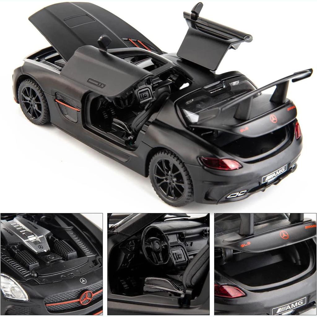 1:32-масштабная модель автомобиля Benz SLS AMG, литая под давлением цинкового сплава, игрушечная машинка с откидной спинкой, звуком и светом для детей, мальчиков и девочек