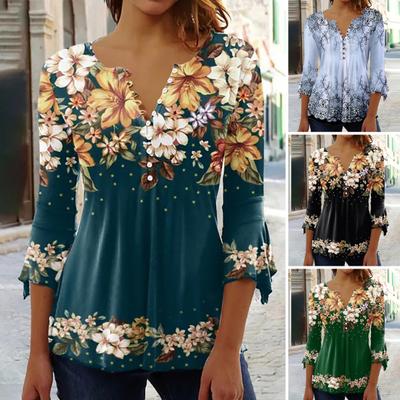 Женская блузка с v-образным вырезом и пуговицами, полупланка с рукавами 3/4, свободный подол, пуловер с 3D цветочным принтом, футболка, верхняя уличная одежда
