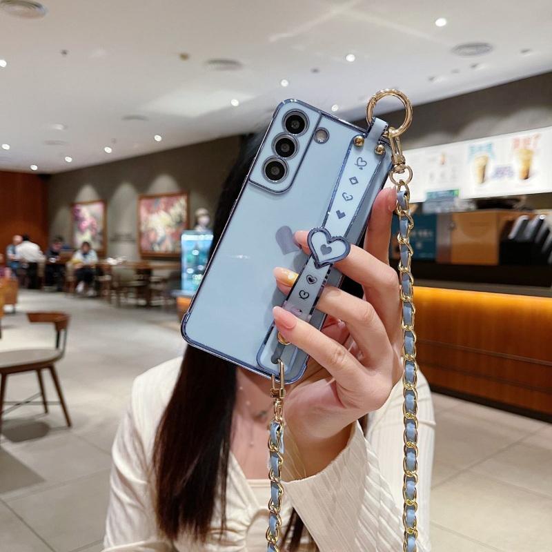 Чехол для Samsung Galaxy S23 S22 S21 Ultra S20 S21FE A14 A54 A13 A53 A23 A52, гальваническая цепочка через плечо, ремешок Love, силиконовый мягкий чехол