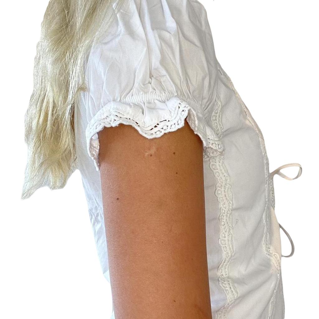 Women's Summer Casual Crop Tops White Short Sleeve Open Front Lace Tie Up T-shirt