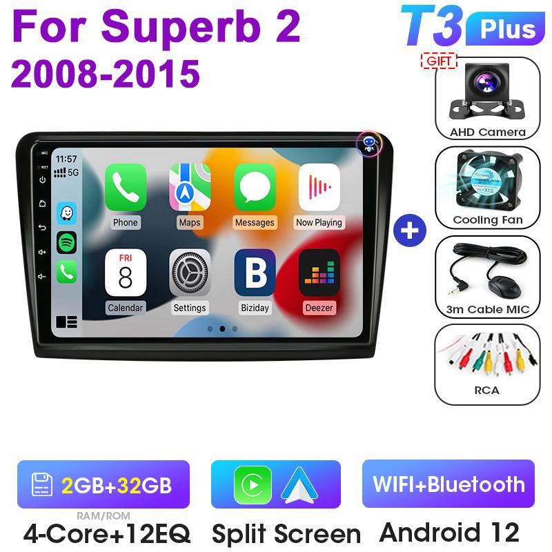 2 Din Android 12 Car Radio For Skoda Superb 2 B6 2008 - 2015 Multimedia Video Player GPS Carplay Auto Stereo RDS DVD Head Unit