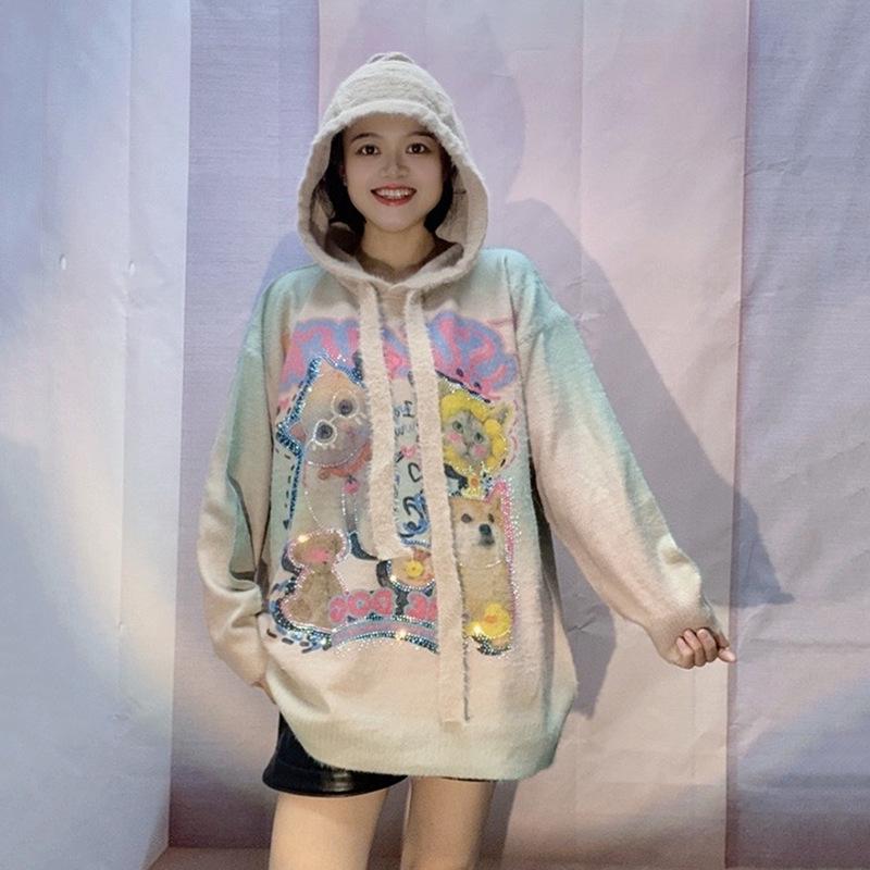 Women's Autumn/Winter Thick Knit Sweater: Fashionable Printed Long Sleeve Mink Hair Top