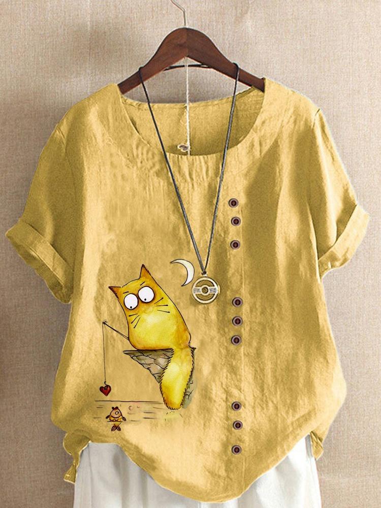 Women's Linen Shirt Round Neck Short Sleeve Cartoon Cats Printed T-shirt Summer Ladies Casual Plus Size Blouse Tops