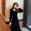Square Neck Internet Celebrity Mid-length Long-sleeved Velvet Dress for Women In Autumn and Winter Korean Style New Slim Fit and Slim Design