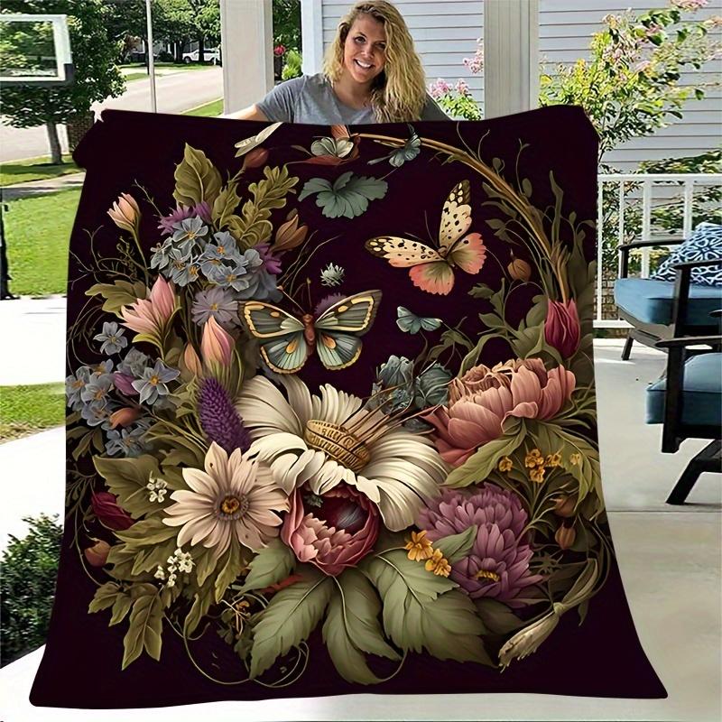 1pc Vintage Flower Basket Butterfly Print Blanket, Warm And Comfortable All Seasons, Suitable for Bedroom, Camping Travel Multifunctional Bl
