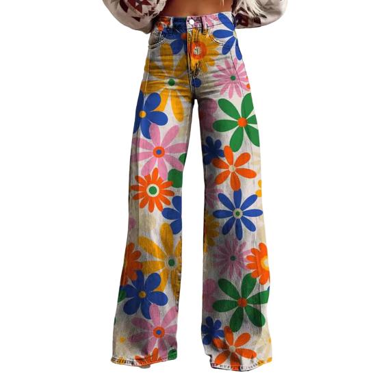 Yousheng Women Retro Pants High Waist Button Zipper Fly Pockets Long Trousers Digital Floral Print Casual Pants Distressed Straight Wide Leg Pants