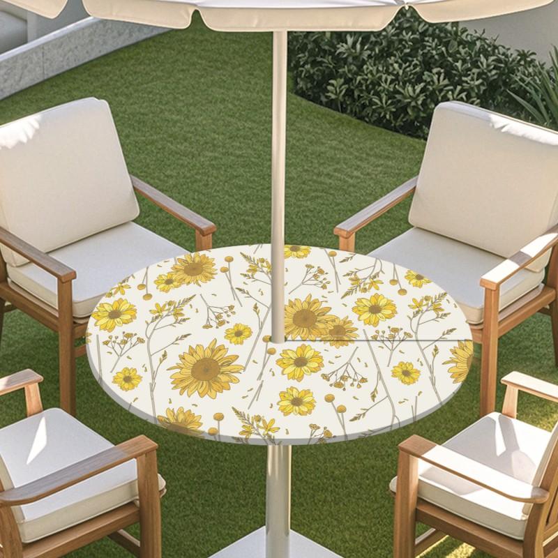 Outdoor Round Table Cover With Floral Leaf Print Waterproof Elastic Hem Patio Garden Dining