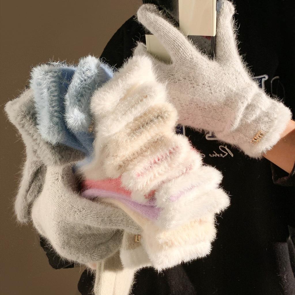 Мягкие Восковые Кроличьи Меховые Серые Вязаные Шерстяные Пятипалые Утепленные Теплые Перчатки для Женской Зимней Велосипедной Езды Холодо- и Ветрозащитные Пушистые