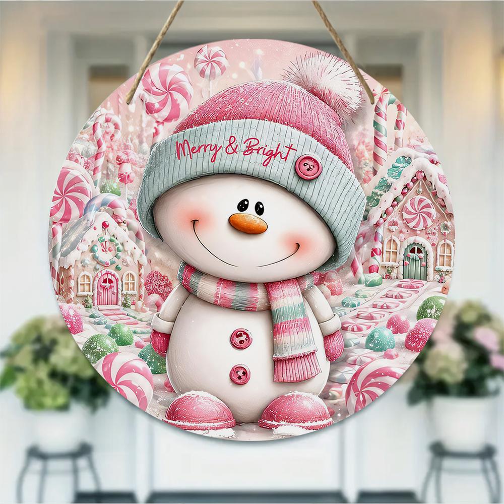 Pink snowman candy land themed round wooden hanging plaque natural wood wall sign farmhouse front door ornament festive home decor