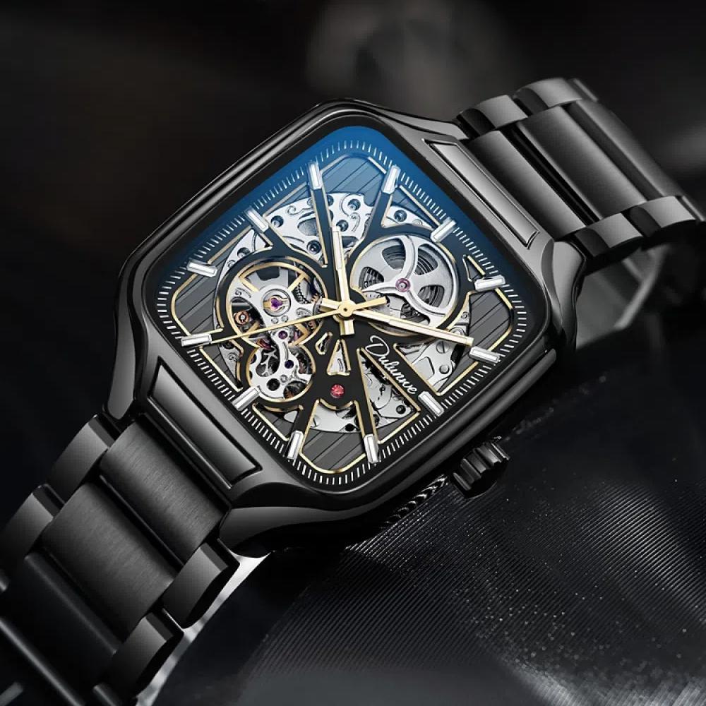 Dulunwe Квадратный циферблат светящиеся автоматические механические часы скелетон часы мужские модные наручные часы из нержавеющей стали