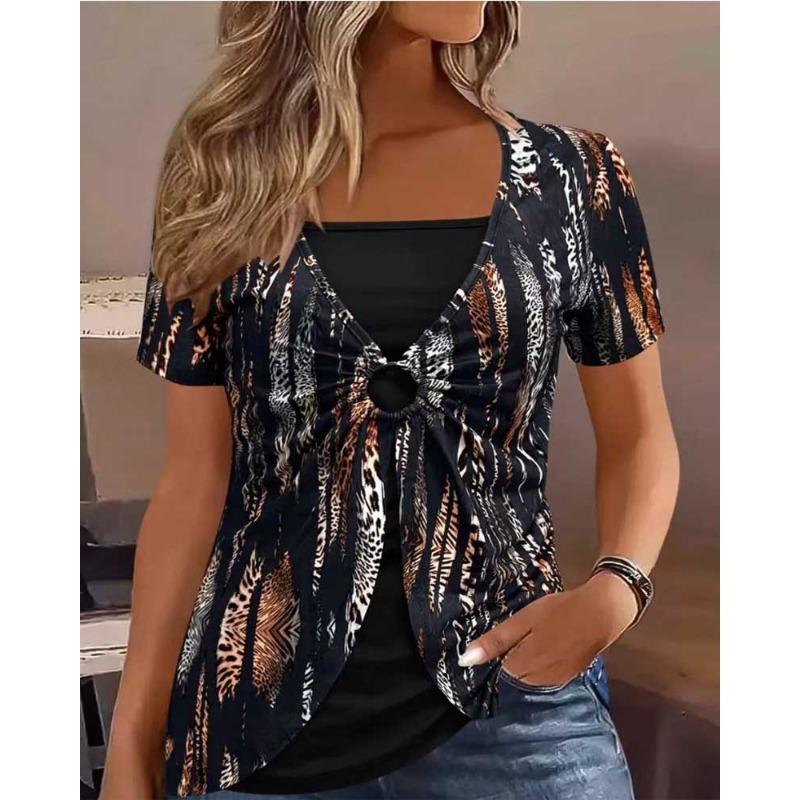 Женская новая поддельная двухсекционная круглая этническая принтованная повседневная с короткими рукавами