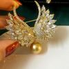 Gold-Plated Angel Wings Brooch with Zircon Pearls
