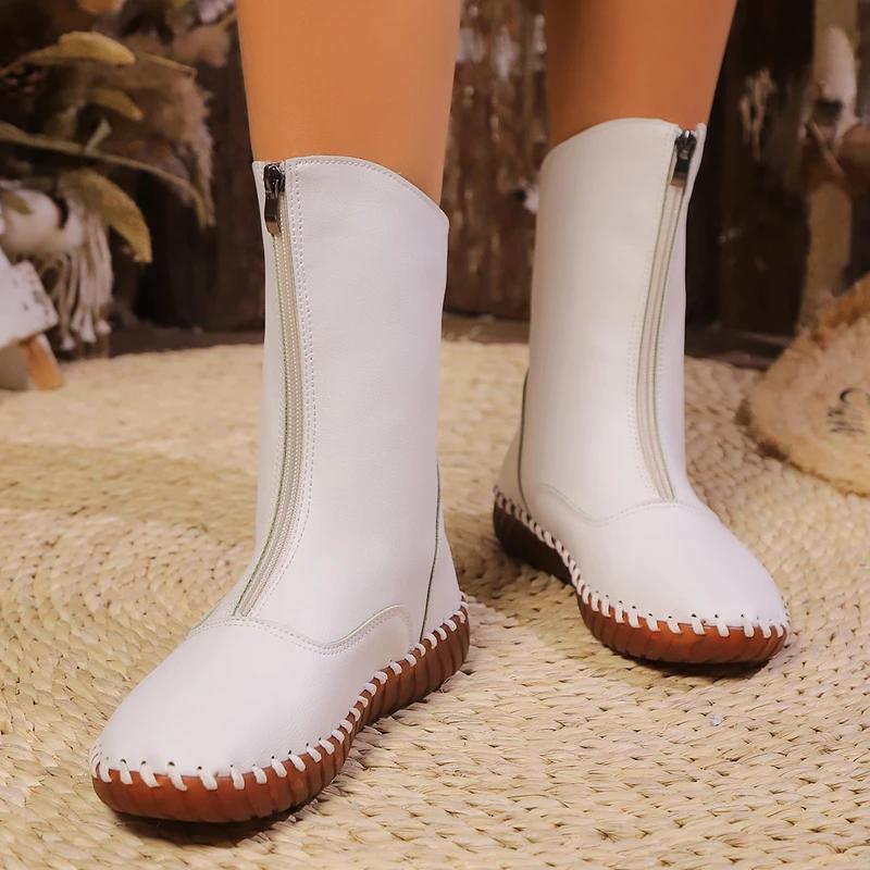 Женская обувь 2024 года, брендовые женские сапоги до середины икры, модные с застежкой-молнией спереди, горячая распродажа, современные сапоги для женщин, большие размеры, однотонная обувь для женщин
