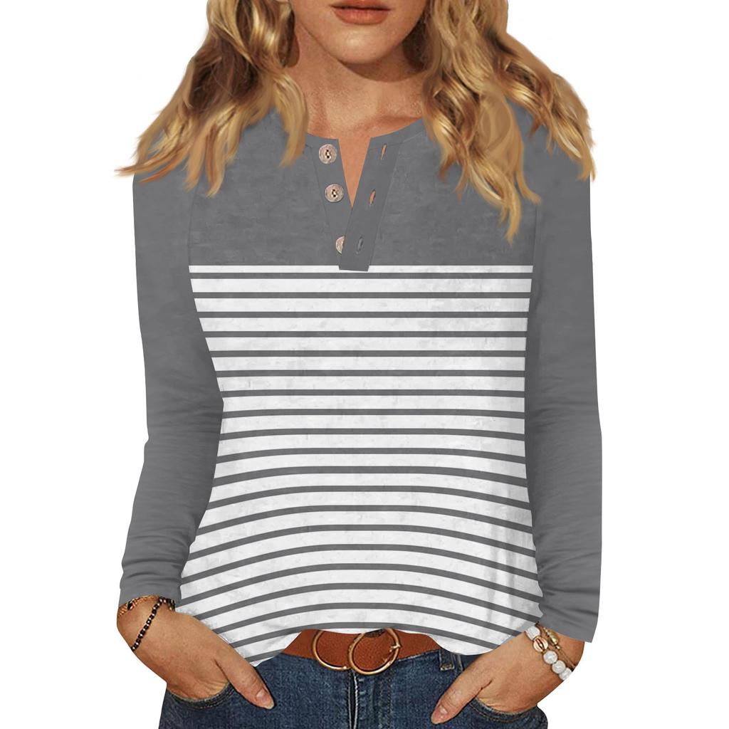 Женская футболка с принтом, на пуговицах, с длинным рукавом, повседневная, для выходных, модная, базовая, с V-образным вырезом, обычный топ