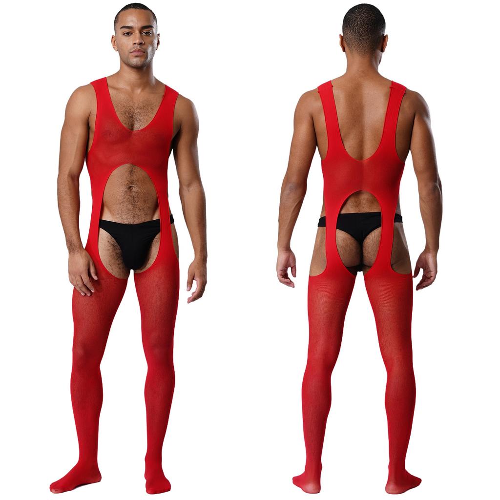 Mens See Through Sheer Jumpsuit Sleeveless Hollow Out Opening Crotch Bodysuit