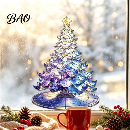 Indoor Outdoor Christmas Decorations Stained Glass Style Tree Static Window Cling, Gradient Starry Sky Reusable Festive Home Decor Xmas Sticker,