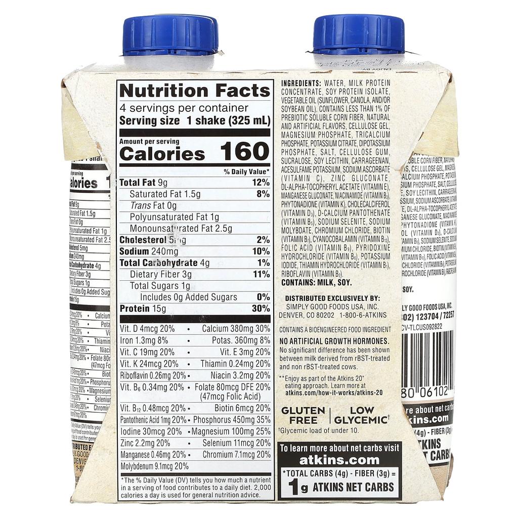 Atkins Protein Rich Shake, French Vanilla, 4 Shakes, 11 Fl Oz (325 Ml) Each