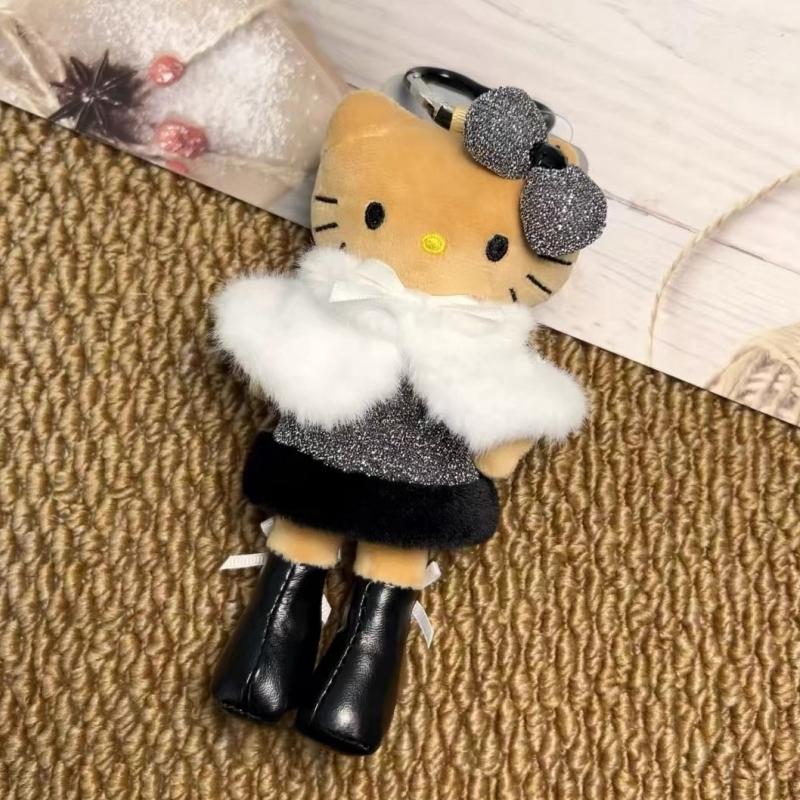 New Sanrio Plush Doll Keychian Hello Kitty Winter Limited Long Legs Kawaii Stuffed Bag Charm Pearl Necklace Black Skin Pendant