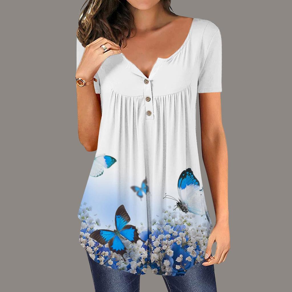 Женский летний топ с коротким рукавом и круглым вырезом, топ с цветочным принтом бабочки