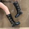 Fashion Women High Knight Boots Fashion Belt Buckle Slip On Long Booties Retro Style Autumn Winter Female Elegant Low Heel Shoes
