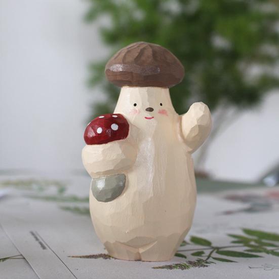 Wooden Mushroom Figurine Hand-Carved Mushroom Elf Holding A Balloon Rustic Tabletop Mushroom Decoration for Home Office Desk Shelf