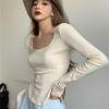 Retro Irregular Long-sleeved T Shirt Women's New Autumn Temperament U-neck Slim Body with A Solid Color Top Tide