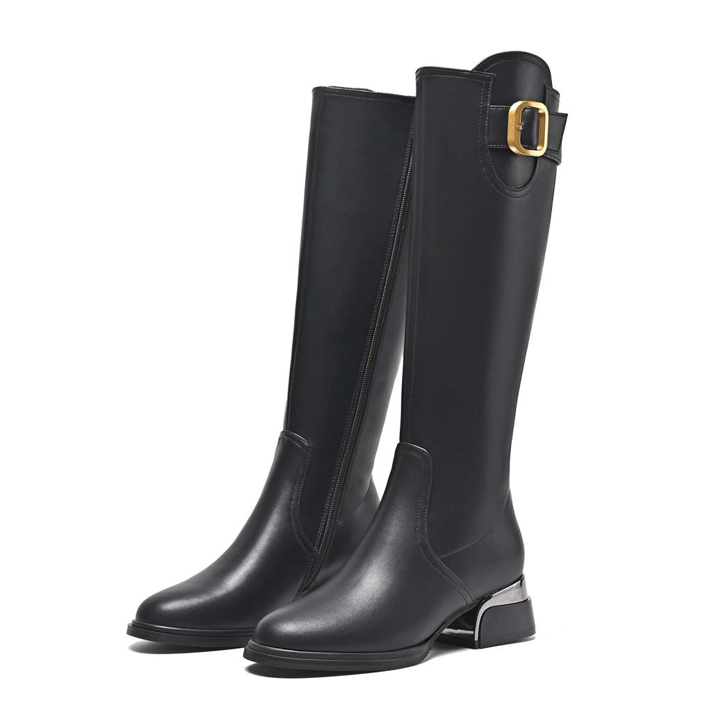 Krazing Pot Осенне-зимняя обувь из коровьей кожи на толстом среднем каблуке, большой размер 45, размер 44, размер 46, металлические пряжки, женские теплые сапоги до колена