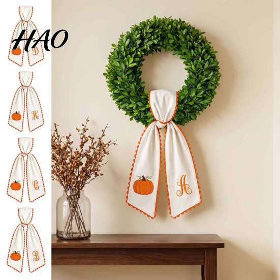 Fabric Pumpkin Decor for Fall Halloween Wreath Sash Front Door Decor, Orange Scalloped Party Supplies Home Ribbon with Embroidery, Thanksgiving Porch