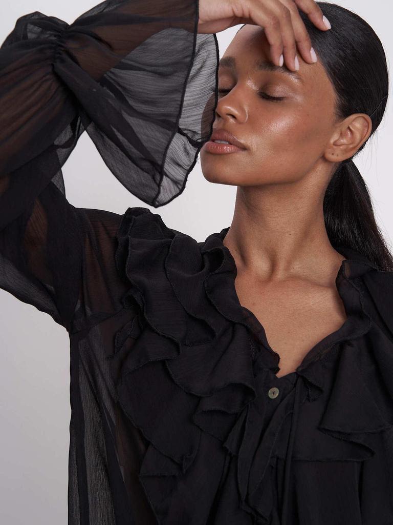 Стильная европейская и американская блузка с завязками, пышными рукавами и оборками, V-образным вырезом - однотонный женский весенний топ