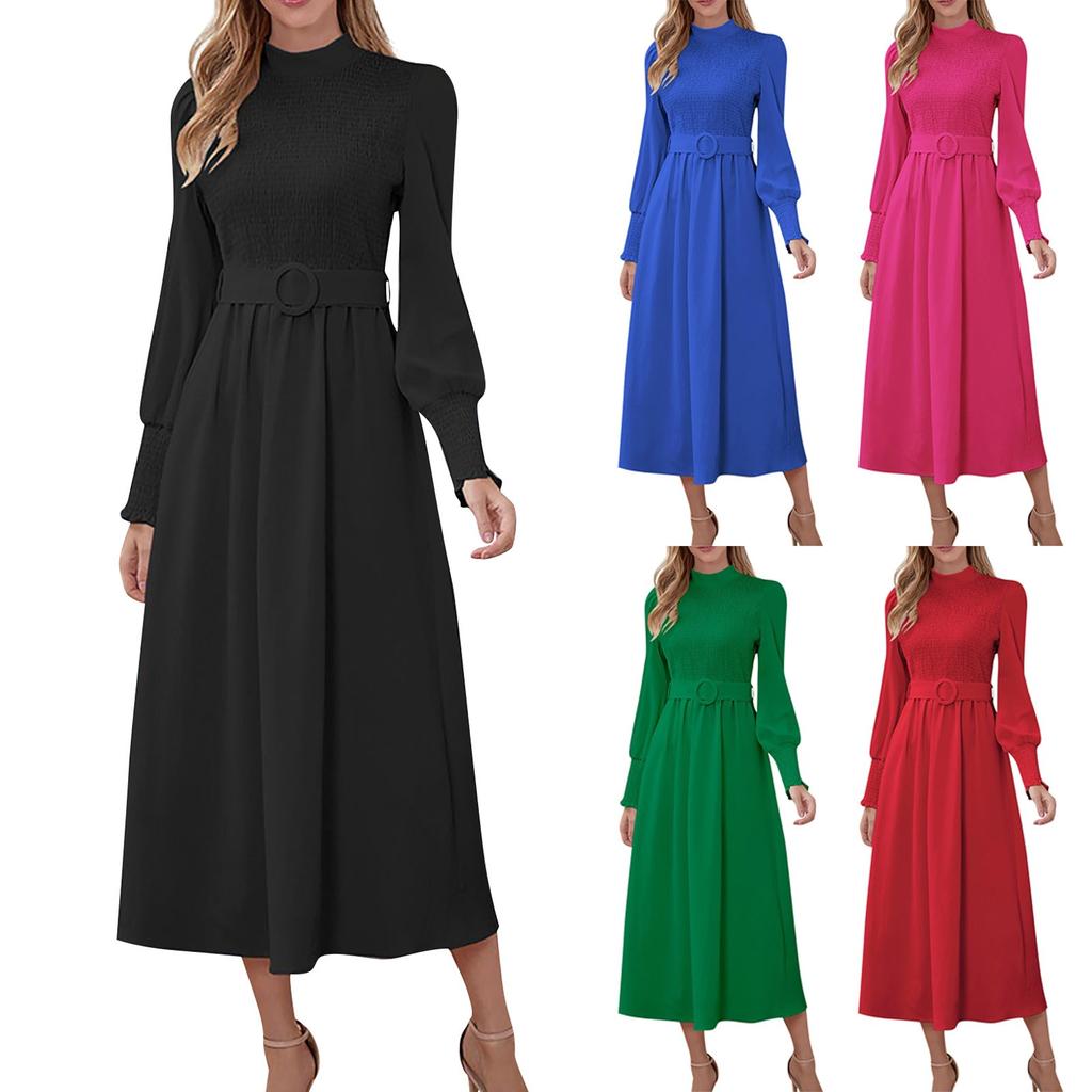 Женское сплошное цветное высокое круглое большое свободное платье с длинными рукавами, облегающее длинное платье