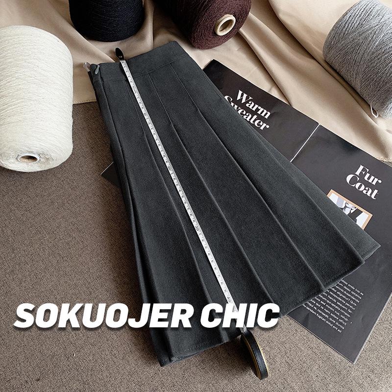 Женская высококачественная черная юбка А-силуэта плиссе из смесовой шерсти - Плотная, с высокой посадкой, стройнящая, большого размера, короткой длины для осени и зимы.