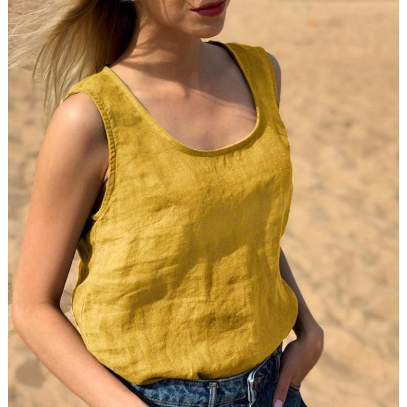 Женская свободная повседневная летняя однотонная майка из хлопка и льна с круглым вырезом