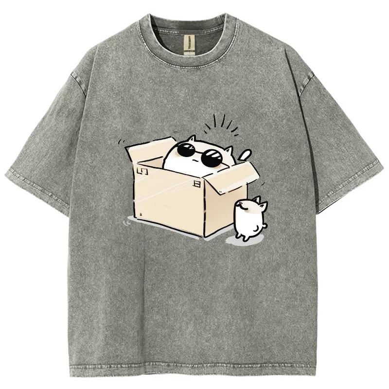 Модная футболка в мультяшном стиле с котом в коробке, с коротким рукавом, мужская и женская, винтажная, в стиле хип-хоп, повседневная, ретро