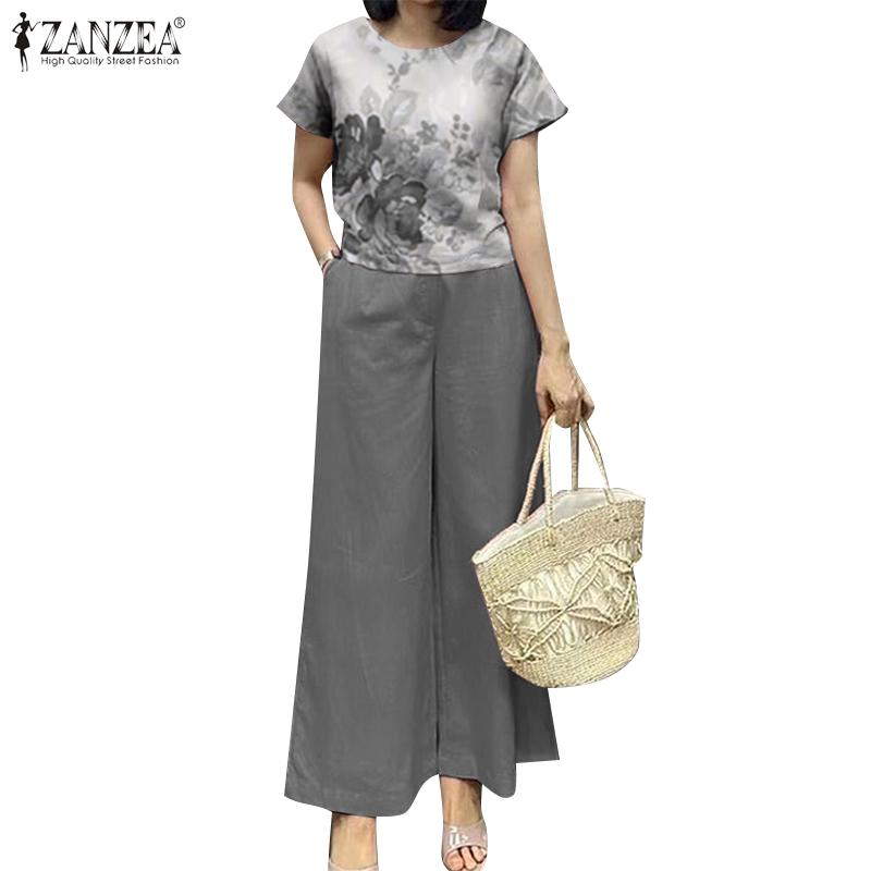 ZANZEA Женские повседневные комплекты из блузки и брюк с принтом из двух предметов